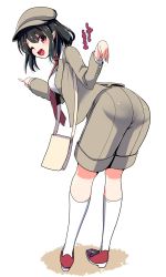 Rule 34 | 1girl, absurdres, amisu, ass, bag, black hair, cabbie hat, commentary request, contemporary, flat cap, forbidden scrollery, full body, hat, highres, jacket, kneehighs, long sleeves, looking at viewer, looking back, necktie, one eye closed, open mouth, pantylines, pointy ears, red eyes, shameimaru aya, shameimaru aya (newsboy), shirt, shoes, short hair, shorts, shoulder bag, simple background, smile, socks, solo, text focus, touhou, translation request, vest, white background, white socks