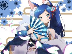 Rule 34 | 1girl, animal ear fluff, animal ears, azur lane, bare shoulders, blue eyes, blue hair, blush, breasts, cleavage, cleavage cutout, clothing cutout, extra ears, fingernails, flower, folding fan, fox ears, fur scarf, hair flower, hair ornament, hand fan, highres, holding, holding fan, japanese clothes, jintsuu (azur lane), kimono, large breasts, long hair, looking at viewer, marimo daifuku, obi, ponytail, sash, smile, solo, swept bangs, wide sleeves