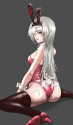 Rule 34 | 1girl, absurdres, animal ears, annoyed, ass, black thighhighs, blush, breasts, charolic (girls&#039; frontline 2), closed mouth, cum, cum on ass, cum on clothes, fake animal ears, girls&#039; frontline, girls&#039; frontline 2: exilium, grey background, grey hair, hands on floor, high heels, highres, kepra iii, leotard, long hair, looking at viewer, looking back, medium breasts, on floor, playboy bunny, rabbit ears, rabbit tail, red eyes, red footwear, solo, spread legs, tail, thighhighs, unhappy