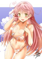 Rule 34 | 10s, 1girl, akashi (kancolle), alternate costume, artist name, bikini, blush, breasts, character name, cleavage, day, dog tags, flying sweatdrops, hand on own head, highleg, highleg bikini, jewelry, kantai collection, large breasts, long hair, looking at viewer, multicolored bikini, multicolored clothes, navel, necklace, open mouth, outdoors, outside border, pink hair, sky, solo, stomach, swimsuit, thighs, toned, very long hair, yellow eyes, yua (checkmate)