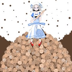 Rule 34 | 1girl, absurdres, apron, cookie, cookie clicker, food, glasses, grey hair, hair ribbon, hat, highres, pile, red eyes, ribbon, rolling pin, shoes, short hair, smile, solo, too many, youya