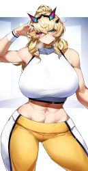 Rule 34 | 1girl, abs, alternate hairstyle, blonde hair, blue eyes, blush, breasts, casul, barghest (fate), fate/grand order, fate (series), heterochromia, highres, horns, huge breasts, muscular, muscular female, pants, ponytail, red eyes, solo, sweat, tank top, tight clothes, tight pants, wristband