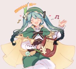 Rule 34 | 1girl, aqua hair, beret, black hair, blue hair, blush, bow, braid, brooch, cape, closed eyes, collared cape, collared shirt, corset, english text, facing viewer, flower, frilled sleeves, frills, gem, genshin impact, gradient hair, green hat, green shorts, grey background, hair flower, hair ornament, hat, hatsune miku, heart, highres, holding, holding instrument, homilily, instrument, jewelry, leaf, lily (flower), long hair, long sleeves, lyre, multicolored hair, music, musical note, open mouth, pantyhose, ribbon, shirt, shorts, simple background, singing, smile, solo, twin braids, twintails, venti (genshin impact), vision (genshin impact), vocaloid, white flower, white pantyhose, white shirt