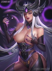 Rule 34 | 1girl, bare shoulders, breasts, citemer, fingerless gloves, gloves, hip focus, large breasts, league of legends, lips, long hair, looking at viewer, medium breasts, nail polish, nipples, parted lips, purple eyes, shiny skin, solo, syndra, thighs, very long hair, white hair