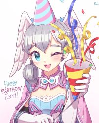 Rule 34 | 1girl, arclumx, birthday, blue eyes, breasts, cape, gloves, hat, head wings, melia antiqua, open mouth, party hat, silver hair, simple background, small breasts, solo, white gloves, wings, xenoblade chronicles 1, xenoblade chronicles (series)