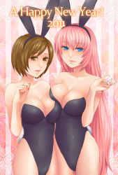 Rule 34 | !, 10s, 2011, 2girls, alternate costume, animal ears, aqua nails, arm at side, arm behind back, asymmetrical docking, bare arms, bare legs, bare shoulders, black leotard, blue eyes, blush, breast press, breasts, brown eyes, brown hair, cleavage, clenched hand, closed mouth, collarbone, couple, fake animal ears, female focus, hair between eyes, hand up, happy new year, large breasts, legs, leotard, lips, long hair, looking at viewer, matching hair/eyes, megurine luka, meiko (vocaloid), multiple girls, murasaki (ekyu), nail polish, neck, new year, pink hair, playboy bunny, rabbit ears, rabbit tail, red nails, short hair, smile, standing, strapless, strapless leotard, tail, tattoo, very long hair, vocaloid, yuri
