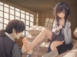 Rule 34 | 1boy, 1girl, absurdres, barefoot, black hair, black hakama, blush, character request, chinese commentary, collarbone, commentary request, copyright request, embarrassed, feet, foot focus, foot out of frame, foot worship, hakama, hand up, highres, holding another&#039;s foot, indoors, japanese clothes, legs, long hair, long sleeves, mole, mole under eye, one side up, open mouth, ponytail, purple eyes, shadow, shoes, sidelocks, sitting, soles, taichi suzuki, toes, torn clothes, torn hakama, unworn shoes, white footwear