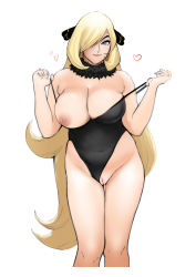 Rule 34 | 1girl, absurdres, bare hips, black one-piece swimsuit, black ribbon, blonde hair, blush, breasts, casual one-piece swimsuit, cleavage, cleft of venus, closed mouth, collarbone, creatures (company), cynthia (pokemon), game freak, groin, hair ornament, hair over one eye, highleg, highleg swimsuit, highres, jnsdh, large breasts, latex, long hair, looking at viewer, nintendo, nipples, one-piece swimsuit, pokemon, pokemon dppt, pussy, ribbon, smile, solo, swimsuit, very long hair