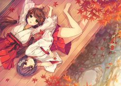 Rule 34 | 2girls, :o, arms up, bad id, bad pixiv id, bare legs, barefoot, blush, brown eyes, brown hair, from above, hair ornament, hakama, hakama short skirt, hakama skirt, japanese clothes, koi, leaf, looking at viewer, low twintails, lying, maple leaf, miko, multiple girls, natsu natsuna, on back, on side, original, porch, purple hair, ribbon-trimmed sleeves, ribbon trim, short hair, skirt, smile, twintails, veranda, water, yellow eyes