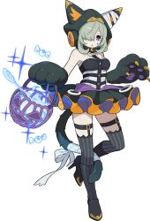 Rule 34 | 1girl, animal ears, animal hands, artist request, bags under eyes, bandaged tail, bare shoulders, basket, black footwear, black gloves, black skirt, black thighhighs, blue fire, blush, boots, breasts, buttons, candy, cat ears, cat girl, cat tail, collarbone, crescent, detached hood, fake animal ears, falsche (world flipper), female focus, fire, food, frilled skirt, frills, full body, garter straps, gloves, glowing, green hair, hair over one eye, halloween, halloween bucket, halterneck, high heels, highres, holding, holding basket, hood, hood up, knee boots, leg up, light blush, lollipop, looking at viewer, medium breasts, miniskirt, non-web source, official art, open mouth, paw gloves, purple eyes, short hair, sidelocks, skindentation, skirt, solo, sparkle, standing, standing on one leg, striped clothes, striped thighhighs, tail, thigh strap, thighhighs, transparent background, tutu, world flipper