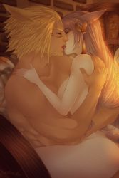 Rule 34 | 10s, 1boy, 1girl, animal ears, artist name, blonde hair, breasts, closed eyes, cowgirl position, facial hair, facial mark, final fantasy, final fantasy xiv, girl on top, grey hair, hetero, highres, kiss, ladylillieath, large breasts, lillieath, long hair, miqo&#039;te, nude, sex, sitting, straddling, tail, thighs, upright straddle, vaginal