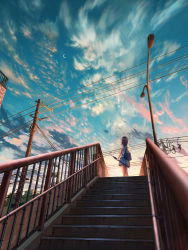 Rule 34 | 1girl, backpack, bag, blue skirt, blue sky, brown hair, building, cloud, commentary, crescent moon, evening, facing away, feet out of frame, from below, highres, lamppost, looking up, moon, original, pedestrian bridge, plaid, plaid skirt, pleated skirt, scenery, shirt, short hair, shuu illust, skirt, sky, solo, tree, utility pole, white shirt