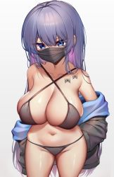 Rule 34 | 1girl, bare shoulders, bikini, blue eyes, borrowed character, breasts, butterfly tattoo, cleavage, collarbone, cowboy shot, grey background, hair between eyes, highres, kaptivate, large breasts, long hair, long sleeves, looking at viewer, mask, mouth mask, navel, off shoulder, original, purple hair, sideboob, simple background, skindentation, solo, swimsuit, tattoo, thighs