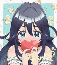 Rule 34 | 1girl, blue background, blue eyes, blue hair, blush, border, colored eyelashes, commentary, covering own mouth, english commentary, falling petals, flower, hair between eyes, heart, highres, holding, holding heart, kimi no koto ga dai dai dai dai daisuki na 100-nin no kanojo, long hair, looking at viewer, messy hair, petals, simple background, solo, upper body, white border, yoshimoto shizuka, yumemi teer