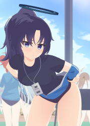 Rule 34 | 4girls, absurdres, aru (blue archive), black buruma, black shirt, black skirt, blue archive, blue eyes, blue jacket, blue sky, breasts, buruma, closed mouth, cloud, day, halo, hands on own hips, highres, id card, jacket, jersey, keika (otsukare), leaning forward, long hair, long sleeves, looking at viewer, maki (blue archive), medium breasts, multiple girls, off shoulder, open clothes, open jacket, parted bangs, ponytail, purple eyes, shirt, short sleeves, sidelocks, skirt, sky, star sticker, stick, sticker on face, striped clothes, striped jacket, t-shirt, thighs, track jacket, track suit, yuuka (blue archive), yuuka (track) (blue archive)