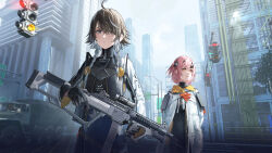 Rule 34 | 2girls, ahoge, assault rifle, black hair, braid, building, cherno kegaard, fritia ignis, game cg, gun, highres, holding, holding gun, holding weapon, jacket, long sleeves, military truck, military vehicle, motor vehicle, multiple girls, official art, outdoors, pink hair, rifle, road, short hair, snowbreak: containment zone, street, third-party source, traffic light, truck, twin braids, weapon