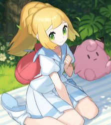 Rule 34 | 1girl, backpack, bag, between legs, blonde hair, braid, character doll, chorefuji, clefairy, clenched hand, closed mouth, commentary, creatures (company), day, eyelashes, flower, game freak, gen 1 pokemon, grass, green eyes, hand between legs, hand up, leaf, lillie (pokemon), looking to the side, nintendo, outdoors, pleated skirt, pokemon, pokemon (creature), pokemon sm, ponytail, shirt, shoes, short sleeves, sitting, skirt, smile, socks, solo, tree, wariza, white socks