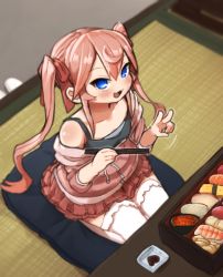 Rule 34 | 1girl, :3, blue eyes, blush, chopsticks, collarbone, commentary request, cushion, drawstring, fish (food), food, from above, hair between eyes, hair ribbon, highres, holding, holding chopsticks, ichika (ichika manga), kneeling, looking at viewer, no nose, off shoulder, open mouth, original, pink hair, red skirt, ribbon, sashimi, seiza, sidelocks, sitting, skirt, solo, table, tatami, thighhighs, tsurime, twintails, v
