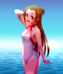 Rule 34 | 1girl, aged up, asada okina, bangs pinned back, beach, brown hair, dokidoki! precure, half updo, looking at viewer, madoka aguri, ocean, one-piece swimsuit, open mouth, precure, red eyes, sky, smile, solo, standing, swimsuit