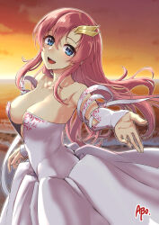 Rule 34 | 1girl, abo (hechouchou), blue eyes, blush, breasts, cleavage, cloud, cloudy sky, cowboy shot, detached sleeves, gundam, gundam seed, gundam seed destiny, hair ornament, hairclip, lacus clyne, long hair, looking at viewer, medium breasts, ocean, open mouth, outdoors, petals, pink hair, sky, smile, solo, sunset, water