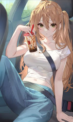 Rule 34 | 1girl, absurdres, ahoge, arm support, blue pants, blush, breasts, brown hair, bubble tea, car interior, closed mouth, collarbone, cup, denim, disposable cup, drink, drinking straw, green eyes, hair between eyes, highres, holding, holding drink, knee up, large breasts, long hair, looking at viewer, midriff, navel, original, pants, resolution mismatch, seatbelt, shirt, short sleeves, sidelocks, sitting, source larger, teffish, two side up, white shirt
