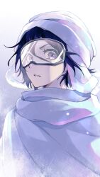 Rule 34 | 1girl, bleach, blue hair, brown eyes, cloak, commentary, goggles, hair between eyes, highres, kuchiki rukia, looking at viewer, parted lips, ski goggles, solo, sumire 1046, symbol-only commentary, upper body, white cloak, white headwear