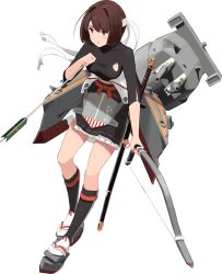 Rule 34 | 1girl, bodysuit, bow (weapon), breasts, brown eyes, brown hair, cannon, flight deck, full body, hair ribbon, hyuuga (kancolle), hyuuga kai ni (kancolle), japanese clothes, kantai collection, katana, kneehighs, machinery, nontraditional miko, official art, ribbon, rigging, sandals, sash, shibafu (glock23), short hair, skin tight, socks, solo, sword, torn clothes, transparent background, turret, weapon