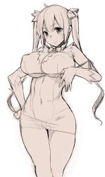 10s 1girl breasts covered_navel dungeon_ni_deai_wo_motomeru_no_wa_machigatteiru_darou_ka female_focus gloves hestia_(danmachi) huge_breasts long_hair monochrome nogi_yasuhito rei_no_himo ribbon see-through_clothes simple_background sketch smile solo twintails