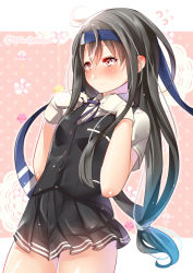 Rule 34 | 1girl, ahoge, bad id, bad pixiv id, black hair, black skirt, blush, buttons, cosplay, gloves, hair ornament, hairband, hatsushimo (kancolle), headband, juurouta, kantai collection, long hair, low-tied long hair, neck ribbon, oyashio (kancolle), oyashio (kancolle) (cosplay), pleated skirt, purple ribbon, remodel (kantai collection), ribbon, school uniform, serafuku, shirt, short sleeves, skirt, smile, solo, twitter username, tying necktie, vest, white gloves, white shirt, wind