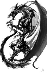 Rule 34 | artist request, black dragon, character request, claws, copyright request, dragon, horns, monochrome, no humans, open mouth, solo, tagme, tail, wings