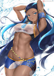 Rule 34 | 1girl, armlet, armpits, arms behind head, arms up, belly chain, bike shorts, black hair, blue eyes, blue eyeshadow, blue hair, blush, breasts, creatures (company), cyicheng, dark-skinned female, dark skin, earrings, eyeliner, eyeshadow, forehead, game freak, gym leader, hair bun, hoop earrings, jewelry, large breasts, long hair, looking at viewer, makeup, multicolored hair, navel, necklace, nessa (pokemon), nintendo, parted lips, pokemon, pokemon swsh, single hair bun, solo, sports bra, sportswear, thighs, two-tone hair, water, wet, wet clothes, white background