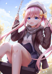Rule 34 | 1girl, :d, bad id, bad pixiv id, bare legs, beret, black scarf, blazer, blue eyes, blue skirt, blue sky, blush, bow, brown jacket, chain, cloud, commentary request, day, falling leaves, feet out of frame, grey necktie, hair bow, hands up, hat, highres, jacket, leaf, long hair, long sleeves, looking at viewer, miniskirt, necktie, open clothes, open jacket, open mouth, original, outdoors, pink hair, pleated skirt, polka dot, scarf, school uniform, sidelocks, sitting, skirt, sky, sleeves past wrists, smile, solo, sweater, swing, thighs, tree, twintails, very long hair, white hat, white sweater, wing collar, yang423, yellow bow