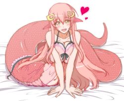 Rule 34 | 1girl, :d, bare arms, blanket, blush, breasts, cleavage, collarbone, hair between eyes, hair ornament, hairclip, happy birthday, heart, lamia, large breasts, lingerie, long hair, looking at viewer, miia (monster musume), mita kurumi, monster girl, monster musume no iru nichijou, on bed, open mouth, pointy ears, red hair, scales, see-through, smile, solo, tail, underwear, yellow eyes