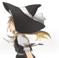 Rule 34 | 1girl, apron, black dress, blonde hair, bow, braid, brown eyes, dress, hair bow, hat, hat bow, kirisame marisa, long hair, looking at viewer, looking back, puffy short sleeves, puffy sleeves, sash, shirt, short sleeves, simple background, single braid, skirt, skirt set, solo, touhou, unitsu, vest, waist apron, white background, witch, witch hat