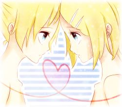 Rule 34 | 1boy, 1girl, bad id, bad pixiv id, blonde hair, blue eyes, brother and sister, chiyu (sweet), eye contact, hair ornament, hairclip, heart, incest, kagamine len, kagamine rin, looking at another, nude, short hair, siblings, twincest, twins, vocaloid