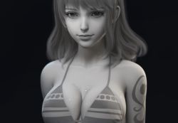 Rule 34 | 1girl, arms at sides, bikini, breasts, cleavage, collarbone, greyscale, highres, large breasts, long hair, looking at viewer, monochrome, nami (one piece), one piece, shadow, shousizhe, simple background, solo, standing, sweat, swimsuit, tattoo, third-party edit, underboob, upper body, wet