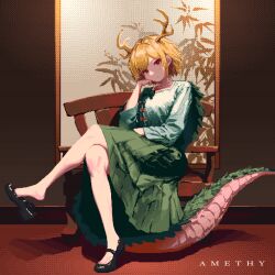 Rule 34 | 1girl, amethy (19833275), antlers, arm support, artist name, black footwear, blonde hair, chair, closed mouth, commentary request, crossed legs, dragon girl, dragon tail, feet, full body, green shirt, green skirt, hand up, highres, horns, kicchou yachie, legs, long sleeves, looking at viewer, mary janes, pixel art, red eyes, shirt, shoe dangle, shoes, short hair, sitting, skirt, solo, tail, toe cleavage, touhou, turtle shell, yellow horns