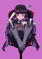 Rule 34 | 1girl, ?, absurdres, black cape, black giraffe, black hair, black nails, black necktie, black skirt, blush, brown vest, cape, chair, cup, drinking straw, drinking straw in mouth, headphones, highres, hilda (series), holding, holding cup, kaisa (hilda), looking at viewer, multicolored hair, necktie, pantyhose, pleated skirt, purple background, purple cape, purple eyes, purple hair, shirt, simple background, sitting, skirt, solo, spoken question mark, toes, two-tone cape, two-tone hair, vest, white shirt