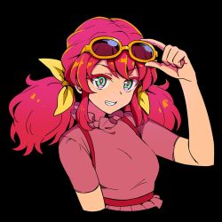 Rule 34 | 10s, 1girl, aikatsu! (series), aikatsu friends!, aqua eyes, asuka mirai (aikatsu friends!), black background, bow, close-up, commentary request, cropped arms, cropped torso, dress, grin, long hair, looking at viewer, red hair, removing eyewear, short sleeves, smile, solo, sunglasses, twintails, upper body, yoban
