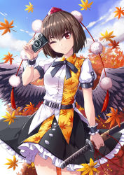 Rule 34 | 1girl, absurdres, autumn leaves, bird wings, black bow, black skirt, black wings, blue sky, bow, brown eyes, brown hair, camera, day, fish.boy, frilled skirt, frills, hat, highres, holding, holding sword, holding weapon, leaf print, looking at viewer, one eye closed, outdoors, pom pom (clothes), puffy short sleeves, puffy sleeves, red eyes, shameimaru aya, shirt, short hair, short sleeves, skirt, sky, solo, sword, tokin hat, touhou, weapon, white shirt, wings