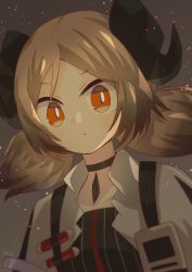 Rule 34 | 1girl, absurdres, arknights, black choker, black dress, brown hair, choker, closed mouth, commentary request, dress, female focus, highres, horns, ifrit (arknights), jacket, long hair, looking at viewer, low twintails, orange eyes, parted bangs, solo, striped clothes, striped dress, tomomasa (coralsea23), twintails, upper body, v-shaped eyebrows, vertical-striped clothes, vertical-striped dress, white jacket