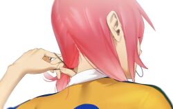 Rule 34 | 1boy, blurry, close-up, commentary, depth of field, from behind, hair focus, hair half undone, hair tie, hair tie in mouth, hands up, inazuma eleven (series), kirino ranmaru, male focus, mouth hold, omisotayan, portrait, short hair, simple background, solo, symbol-only commentary, tying hair, white background