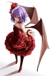 Rule 34 | 1girl, alternate costume, alternate headwear, bat wings, black pantyhose, bow, dress, fami (yellow skies), full body, gradient background, hair bow, hair ornament, highres, light purple hair, looking at viewer, looking up, pantyhose, petals, red dress, red eyes, remilia scarlet, short hair, simple background, smile, solo, strapless, strapless dress, touhou, wings, wrist cuffs