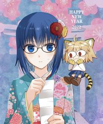 Rule 34 | 2022, 2girls, :3, animal ears, animal hands, antenna hair, black-framed eyewear, blonde hair, blue eyes, blue hair, blue skirt, blush, cat ears, chibi, chinese zodiac, ciel (tsukihime), closed mouth, commentary request, english text, floral background, floral print, flower, glasses, gloves, hair between eyes, hair flower, hair ornament, happy new year, holding, holding paper, japanese clothes, kageniwa, kimono, long sleeves, looking at another, looking to the side, multiple girls, neco-arc, new year, paper, paw gloves, pink flower, pink rose, print kimono, red eyes, red flower, red rose, rose, size difference, skirt, sweatdrop, sweater, tail, tiger tail, tsukihime, tsukihime (remake), upper body, white sweater, wide sleeves, year of the tiger, yellow flower, yellow rose, yukata