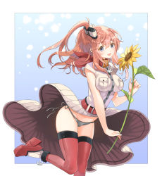 Rule 34 | 10s, 1girl, anchor choker, bad id, bad pixiv id, belt, blouse, blue eyes, blush, border, breast pocket, brown hair, dress, flower, fumako, grey panties, hair between eyes, high heels, kantai collection, long hair, looking at viewer, neckerchief, open mouth, outside border, panties, pocket, ponytail, red belt, red neckerchief, red thighhighs, rudder footwear, saratoga (kancolle), shirt, short sleeves, side-tie panties, side ponytail, smile, solo, standing, standing on one leg, thighhighs, underwear, white border, white dress, white shirt, wind, wind lift