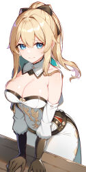 Rule 34 | 1girl, absurdres, black ribbon, blonde hair, blue eyes, breasts, cleavage, commentary request, detached collar, genshin impact, hair ribbon, highres, jean (genshin impact), large breasts, leaning forward, long hair, looking at viewer, nervous smile, pants, ponytail, ribbon, rikoma, shirt, sidelocks, smile, solo, white pants, white shirt
