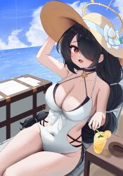 Rule 34 | 1girl, absurdres, bare arms, bare legs, bare shoulders, black choker, black hair, blue archive, blush, braid, breasts, choker, cleavage, collarbone, covered navel, cup, daraamji2, day, drink, drinking glass, flower, hair over one eye, halo, hat, hat flower, highres, hinata (blue archive), hinata (swimsuit) (blue archive), large breasts, long hair, looking at viewer, official alternate costume, one-piece swimsuit, open mouth, outdoors, red eyes, single braid, smile, solo, sun hat, swimsuit, thighs, white flower, white one-piece swimsuit, yellow halo