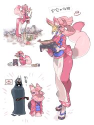 Rule 34 | 1girl, 1other, absurdres, animal ears, animal feet, apron, autumn leaves, body fur, bow-shaped hair, breasts, broom, claws, commentary, digitigrade, facing to the side, fish (food), fox ears, fox girl, fox tail, furry, furry female, hands up, highres, holding, holding broom, holding tray, horns, inu fuji, japanese clothes, kimono, kneeling, mask, medium breasts, multiple views, obi, obiage, original, pink fur, pink hair, pink kimono, sash, simple background, single horn, standing, sweeping, symbol-only commentary, tail, tray, waist apron, white background, wide sleeves, yellow horns