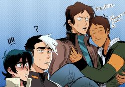 Rule 34 | !, !!, 4boys, ?, black hair, blue background, brown hair, carrying, dark-skinned male, dark skin, english text, closed eyes, halftone, halftone background, heart, hug, hyakujuu-ou golion, keith (voltron), kurogane isamu, lance (voltron), looking at another, male focus, multicolored hair, multiple boys, princess carry, short hair, simple background, smile, souma (soumadian), sweatdrop, takashi shirogane, translation request, two-tone hair, undercut, voltron: legendary defender, voltron (series)