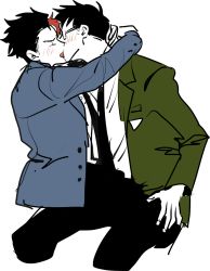 Rule 34 | 2boys, arms around neck, bad id, bad twitter id, black necktie, blazer, blush, closed eyes, edward the blue engine, glasses, henry the green engine, jacket, kendy (revolocities), kiss, male focus, multicolored hair, multiple boys, necktie, school uniform, short hair, simple background, sitting, sitting on lap, sitting on person, streaked hair, thomas the tank engine, white background, yaoi